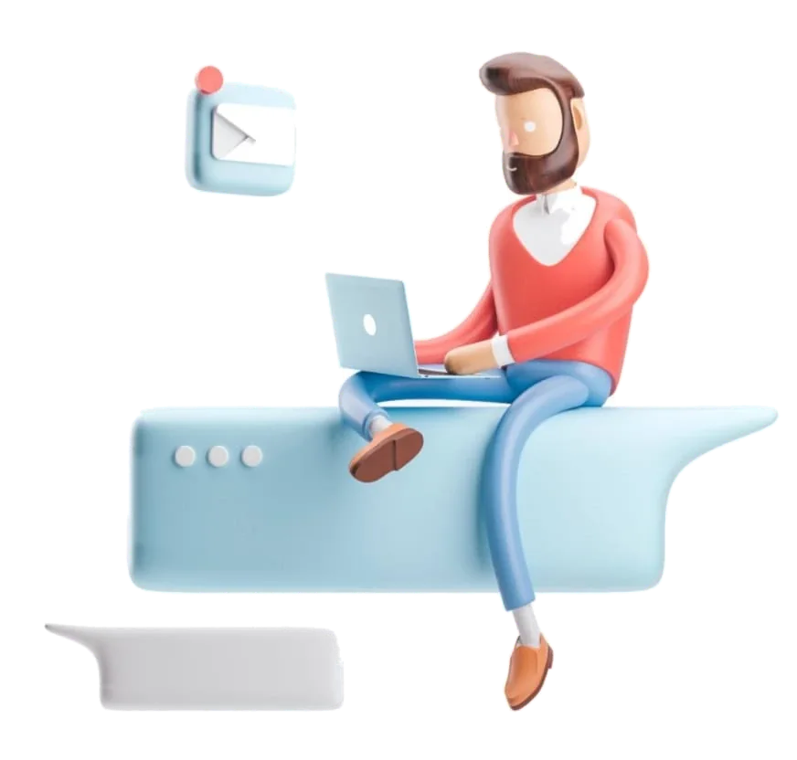 3D illustration of a person working on a laptop on a chat bubble
