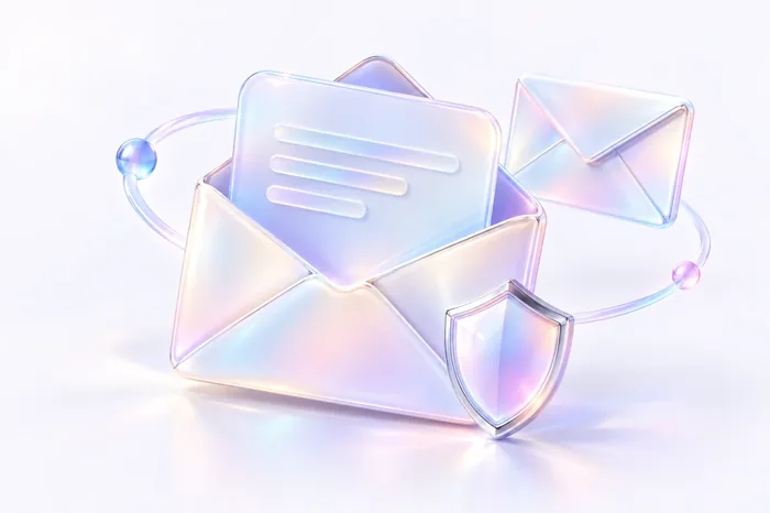 Illustration of email envelopes and a security shield, representing a secure business email