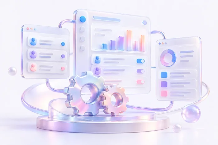 Illustration of a custom management system bringing orders, customers and reports together