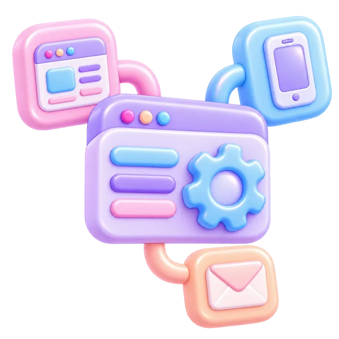 Illustration of a settings window connected to a website, a phone and email, representing the choice between WooCommerce, Shopify, Salla and Zid